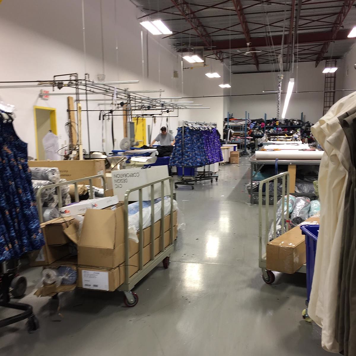 Cutting tables and garment racks in the production area